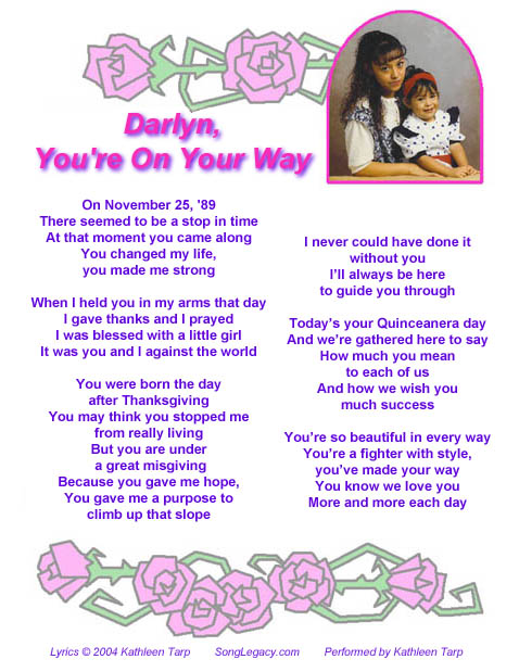 Personalized Quinceanera song lyric sheet page 1
